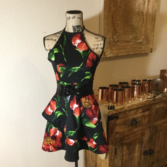 Tropical Floral Papaya Summer Sundress Black & Red - Picture 6 of 7